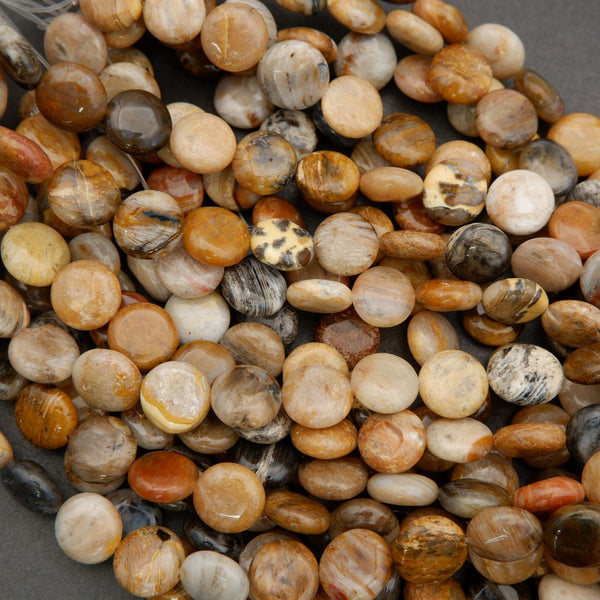 Polished natural stone round beads in warm earth tones with smooth glossy finish.
