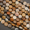 Close-up of mixed natural gemstone beads showing organic color variation in beige, tan, and brown hues.