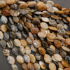 Assorted marquise oval stone bead strands displayed in warm, natural tones.