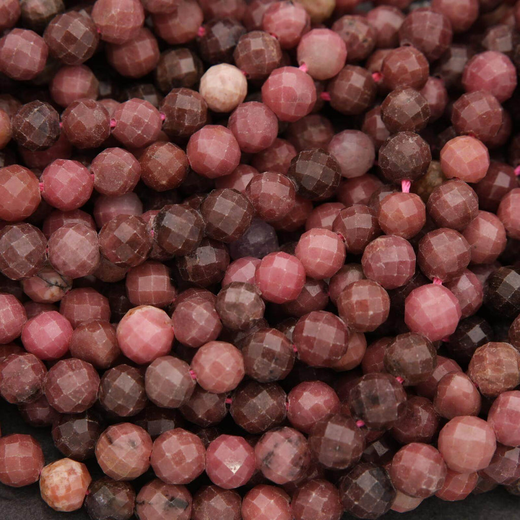 Close-up of faceted pink and brown beads.