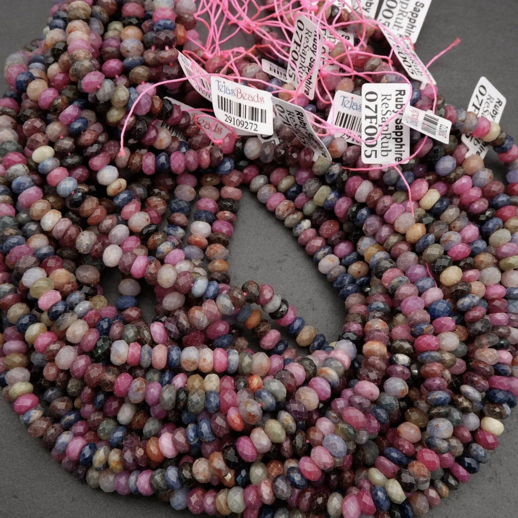 Multicolor corundum gemstone beads—ruby and sapphire—used for jewelry making