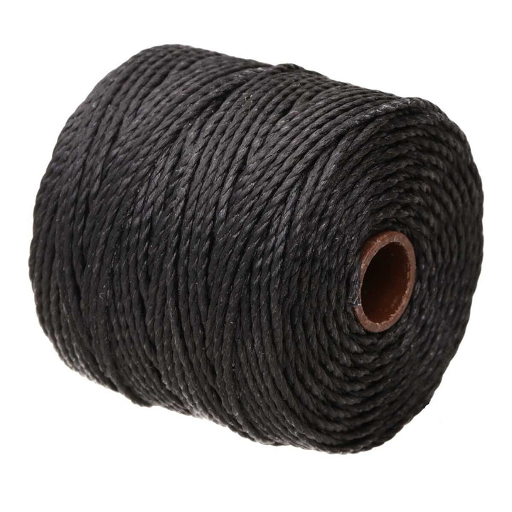 Angled top view of a spool of black S-Lon Heavy Twisted Bead Cord, showing the tightly wound strands and central cardboard core.