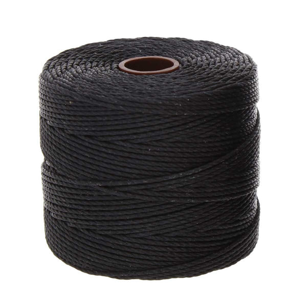 View of black S-Lon TEX 210 nylon bead cord wound around a spool.