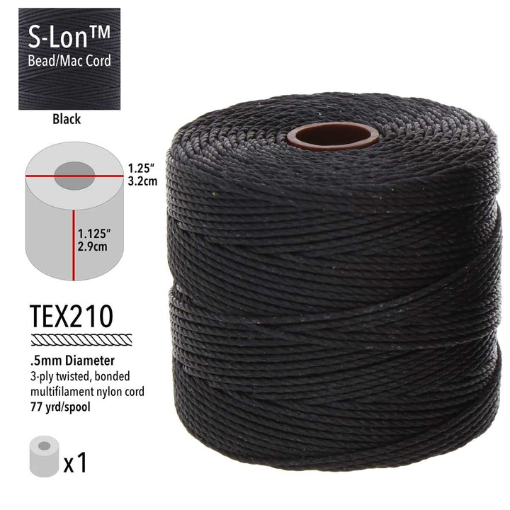 Black S-Lon TEX 210 bead cord spool with 0.5mm diameter, 3-ply twisted nylon construction, and 77-yard length.