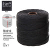 Black S-Lon TEX 210 bead cord spool with 0.5mm diameter, 3-ply twisted nylon construction, and 77-yard length.