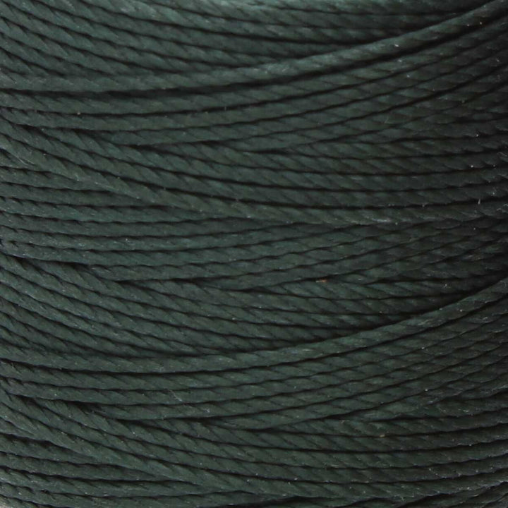 Close-up of evergreen 3-ply bonded nylon S-Lon Bead Cord on spool
