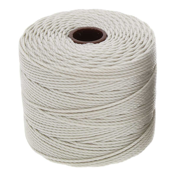 Light grey S-Lon TEX 210 bead cord tightly wound on a spool, featuring 0.5mm twisted nylon cord for jewelry making.