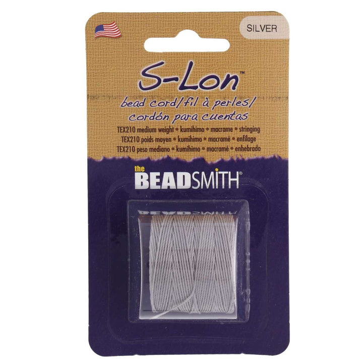 The Beadsmith S-Lon Bead Cord in silver, Tex 210, 77 yard spool