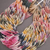 Close-up of multicolored bead strands on a gray background