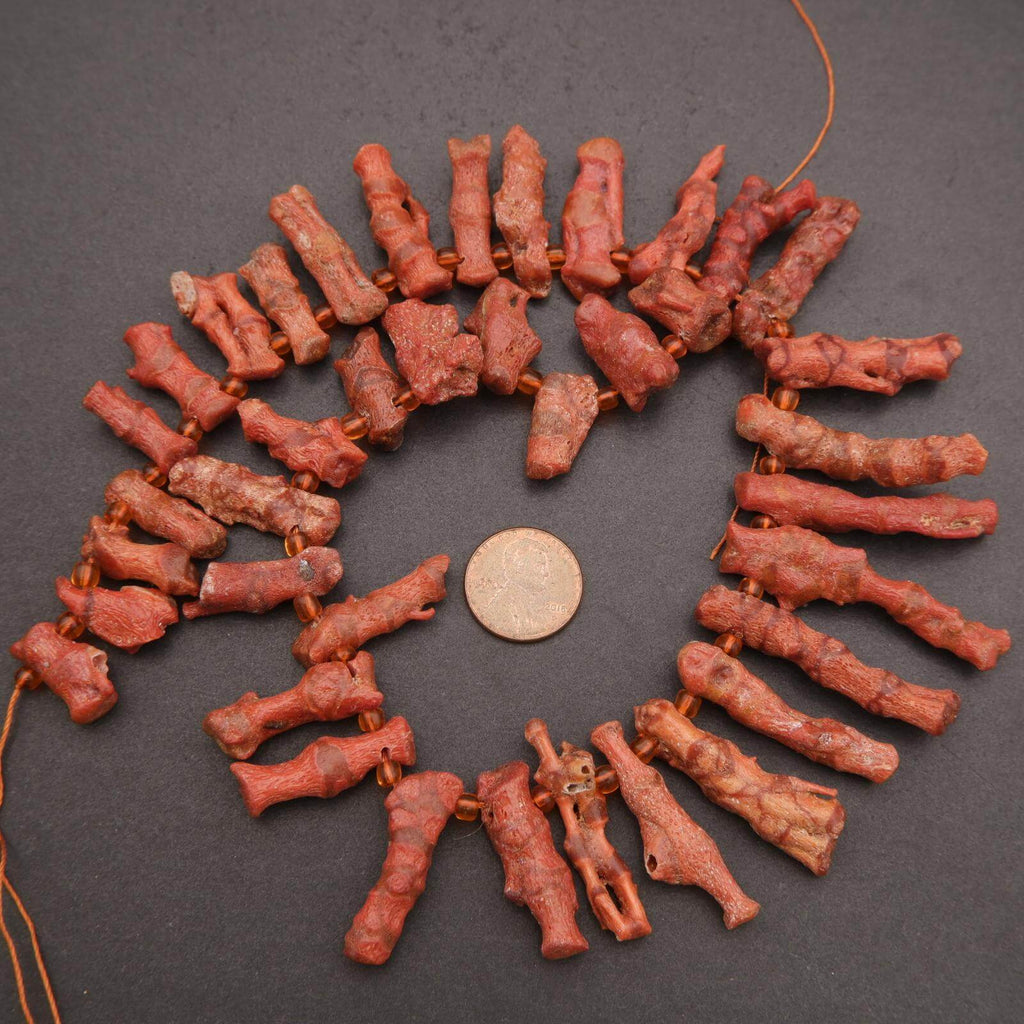 Coral necklace with a coin for scale on a dark background
