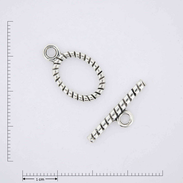 Silver oval toggle claps with stripes.