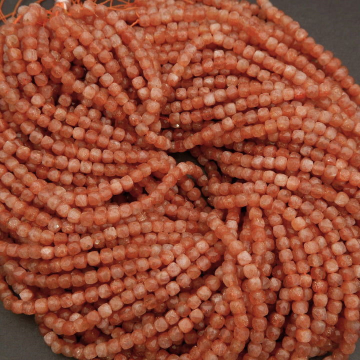 Sunstone A · Microfaceted · Cube · 4mm, Tejas Beads, Beads
