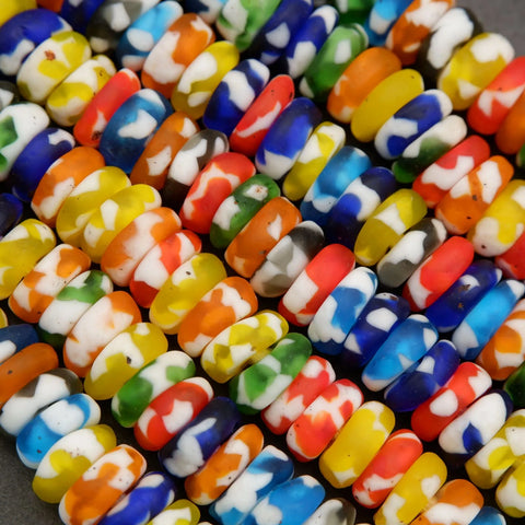 Close-up of colorful glass beads with multicolor patterns