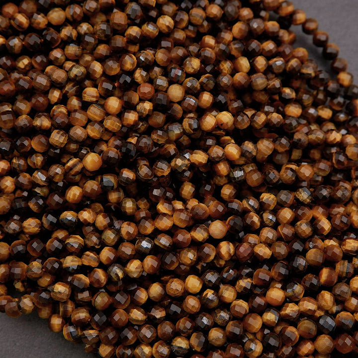 Close-up of brown faceted beads on a gray background