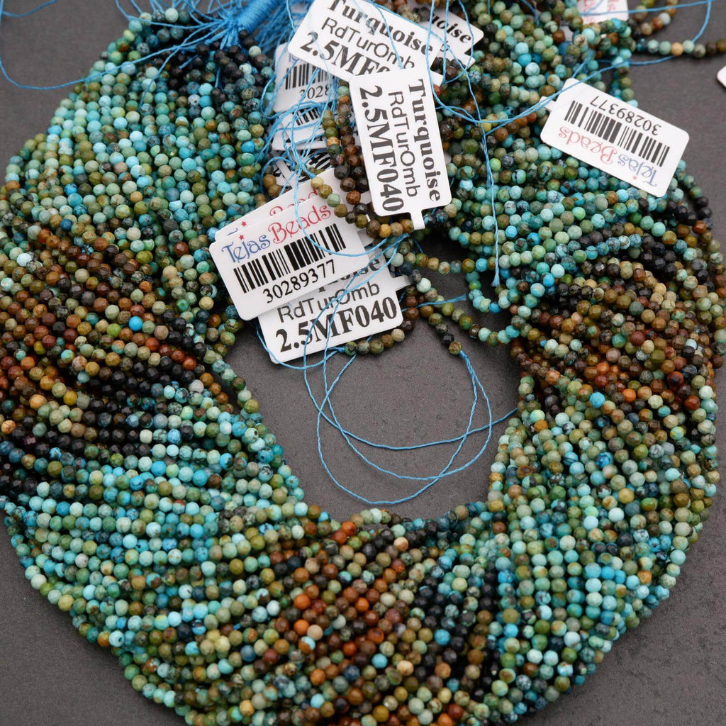 Multicolored beaded strands with tags on a gray background