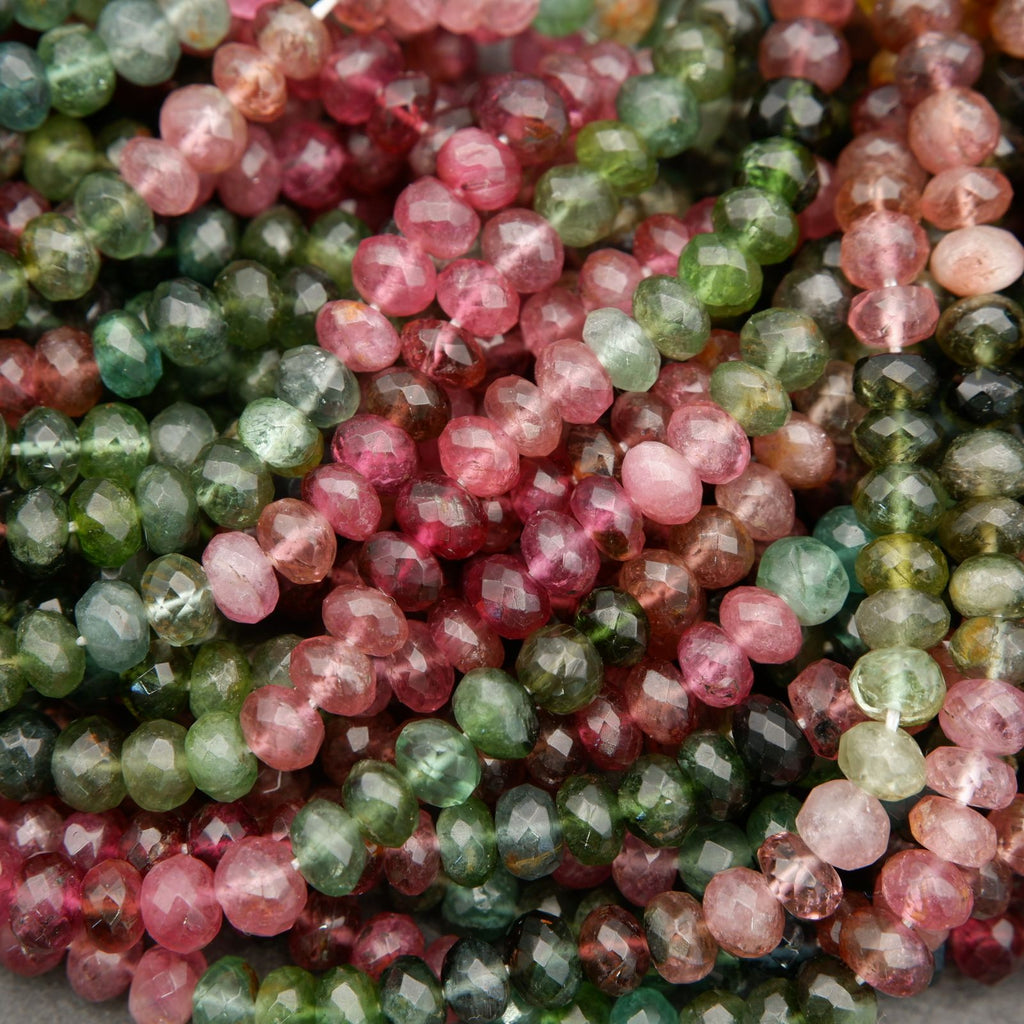 Watermelon tourmaline faceted round beads on strand