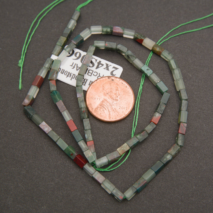 African bloodstone gemstone beads featuring polished rectangular shapes and natural multicolored patterns.