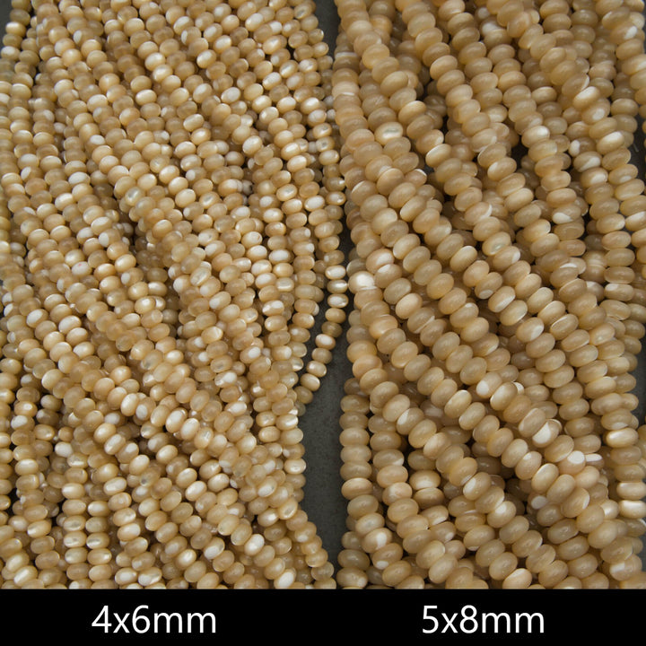 Close-up of two strands of beige beads with size labels '4x6mm' and '5x8mm'.
