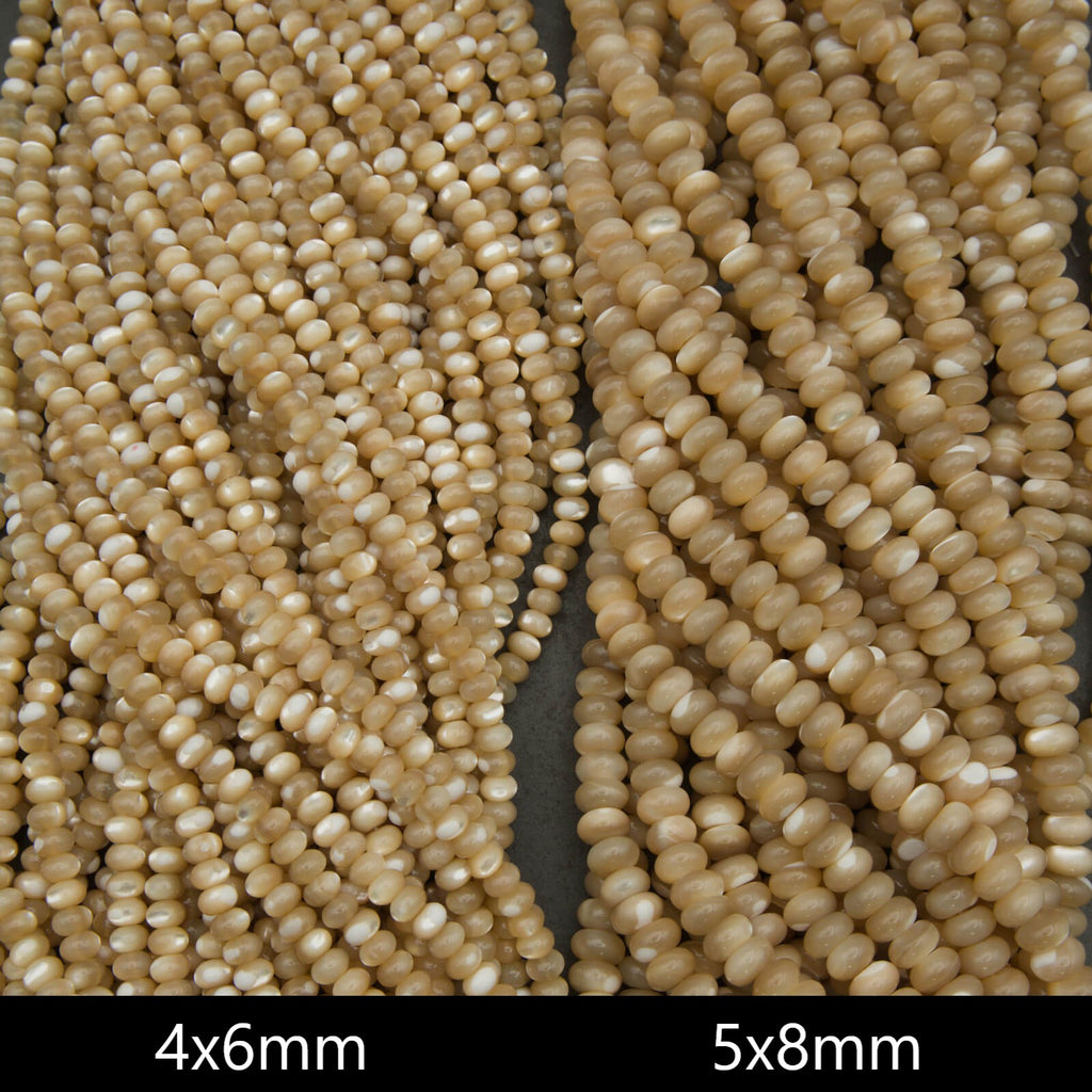 Close-up of two strands of beige beads with size labels '4x6mm' and '5x8mm'.