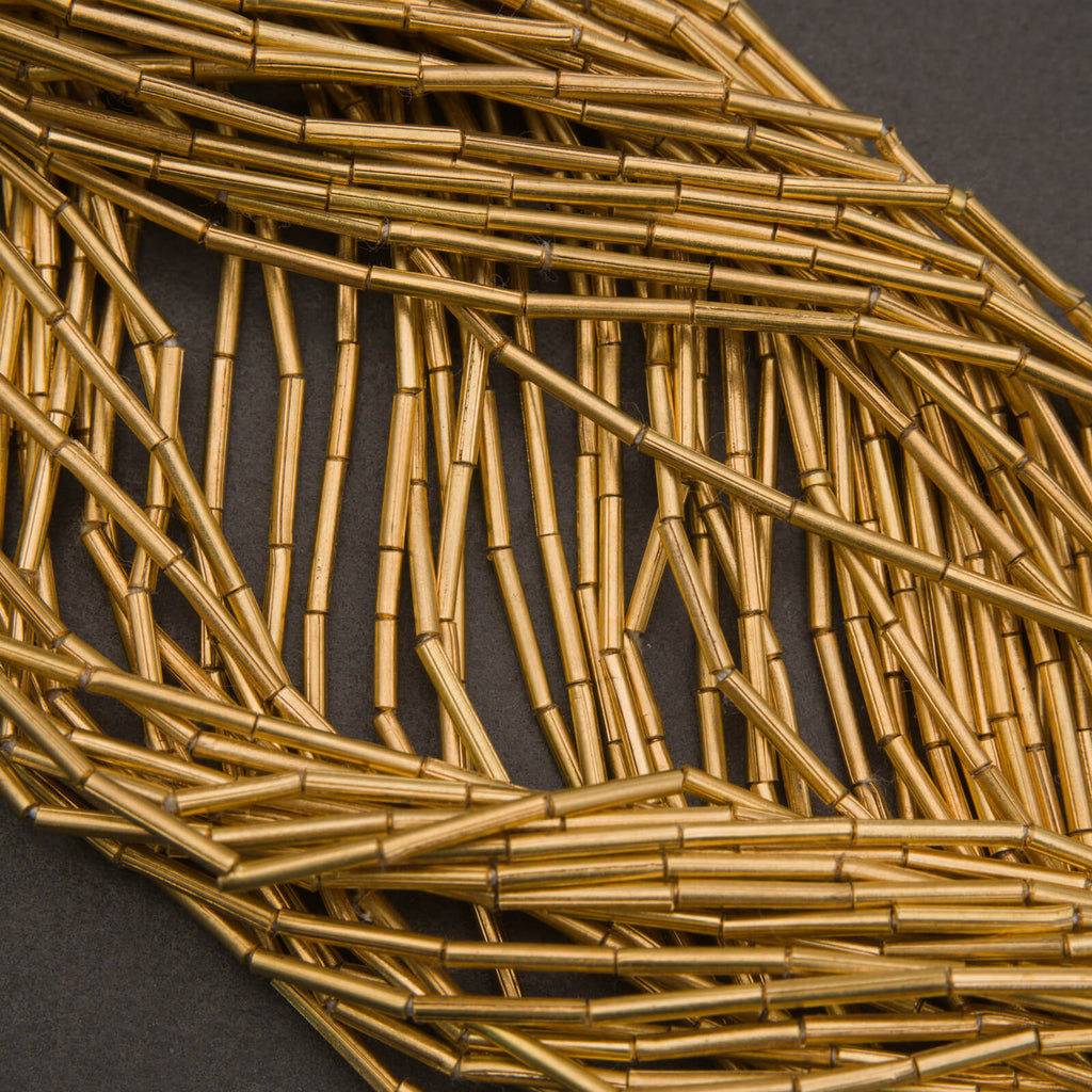 Ethiopian brass tube beads, slim cylindrical spacers with warm gold tone and satin finish