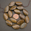 A strand of polished brown and gold jasper stone beads on a dark gray background, with a copper penny in the center for scale.
