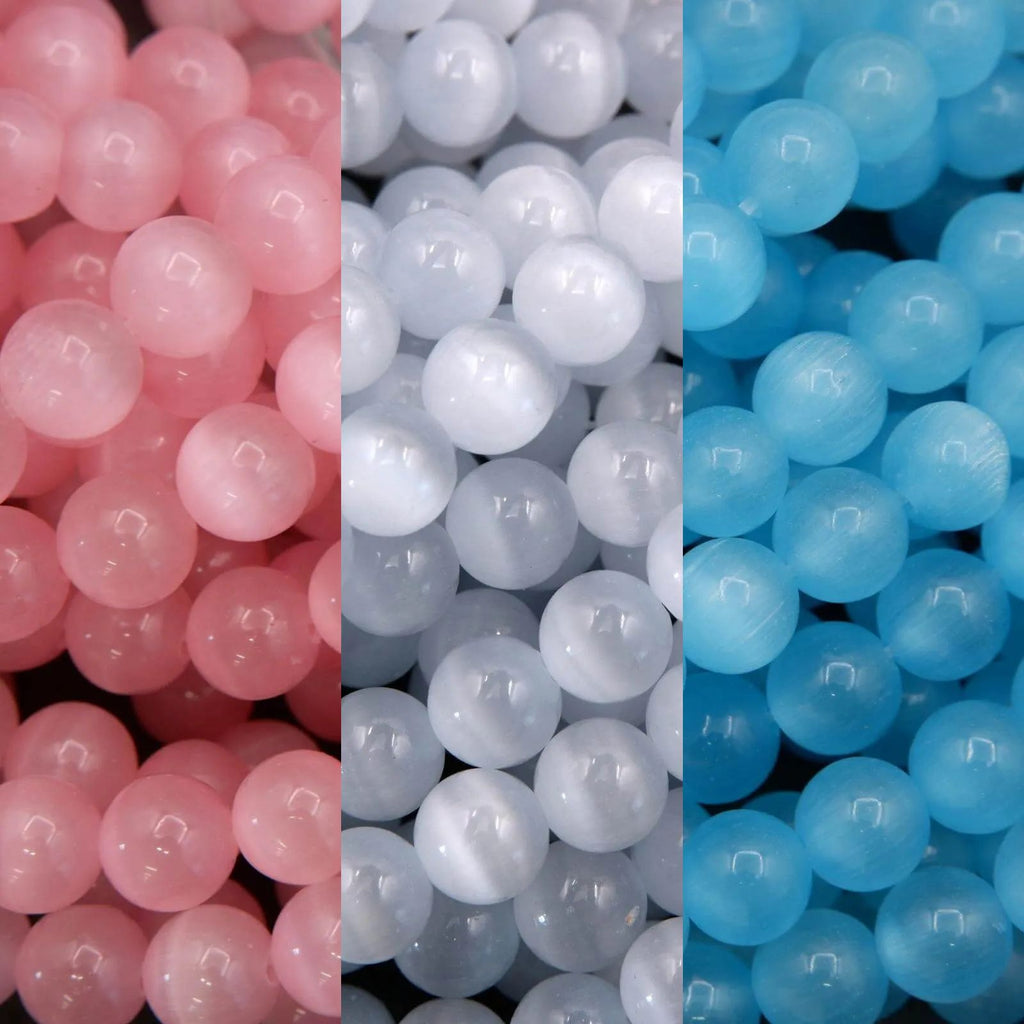 Three rows of pink, white, and blue round beads respectively.