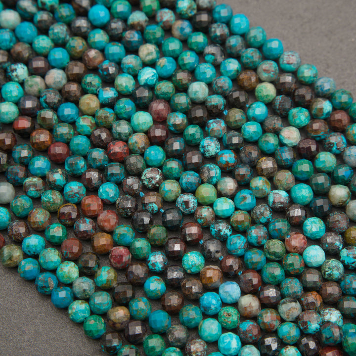 Strands of microfaceted chrysocolla beads in turquoise blue, teal and rust brown
