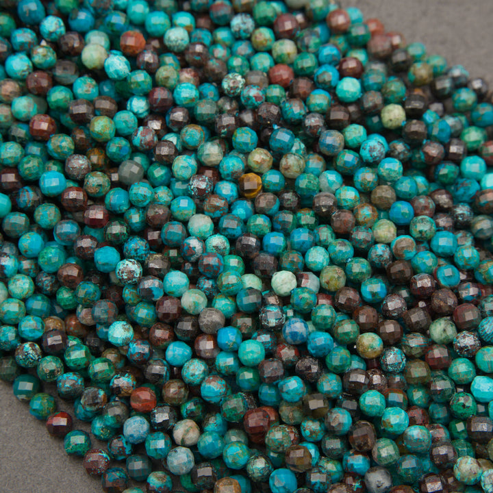 Rows of tiny microfaceted chrysocolla beads mixing turquoise, teal and dark brown