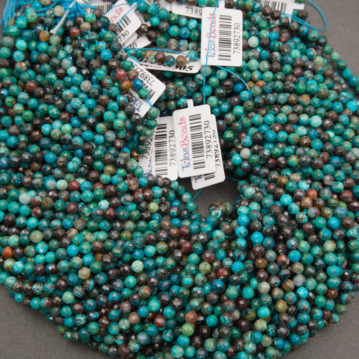 A bundle of microfaceted chrysocolla bead strands with Tejas Beads tags
