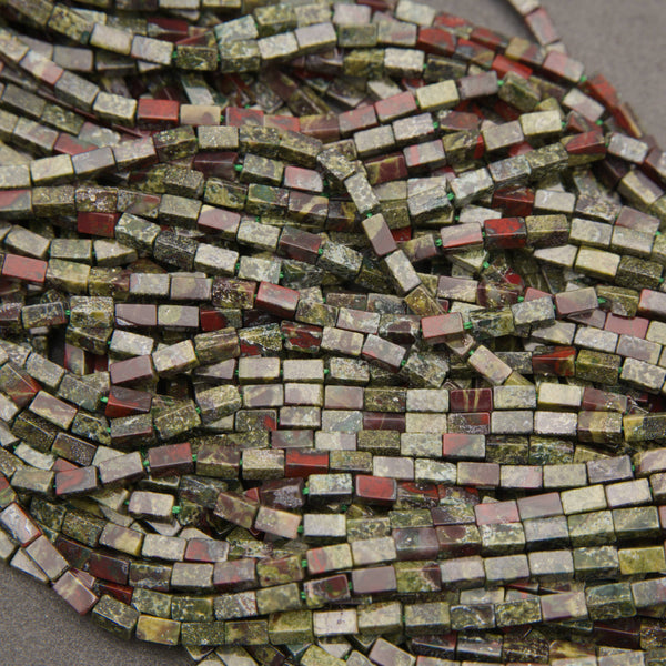 Dragon Blood Jasper rectangular beads featuring deep green and earthy red tones with natural mottled patterns.