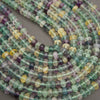 Fluorite gemstone rondelle beads with translucent surfaces, natural internal veining, and vibrant color variations.