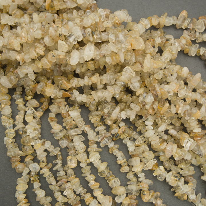 Close-up of a string of small, beige-colored beads on a gray background