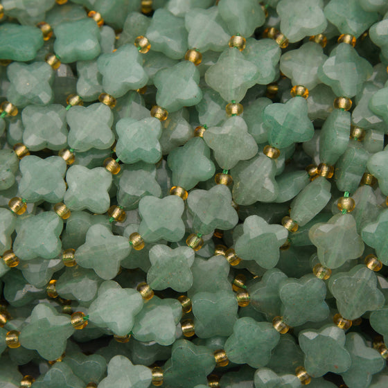 Faceted green aventurine clover beads in soft mint-green shades with delicate gold spacer beads.