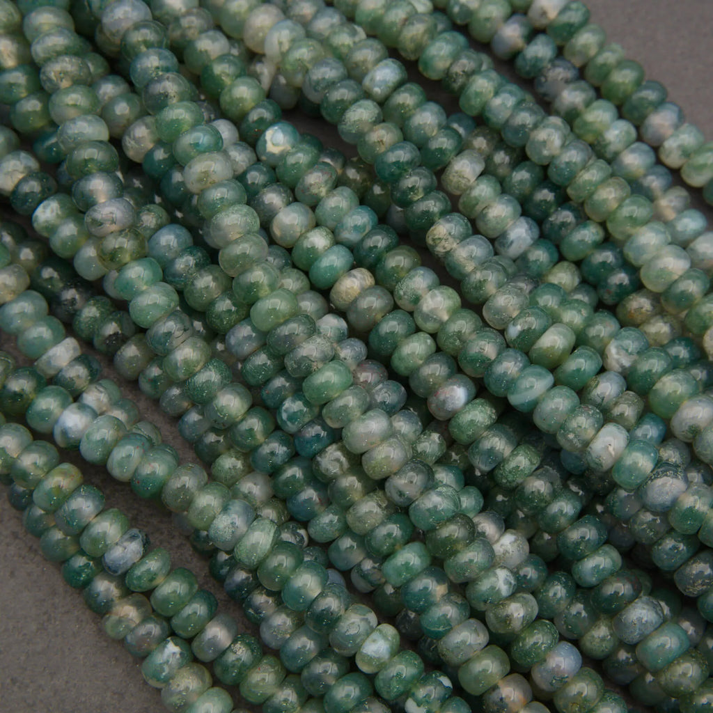 Green moss agate beads, small rondelles with organic patterns and earthy tones