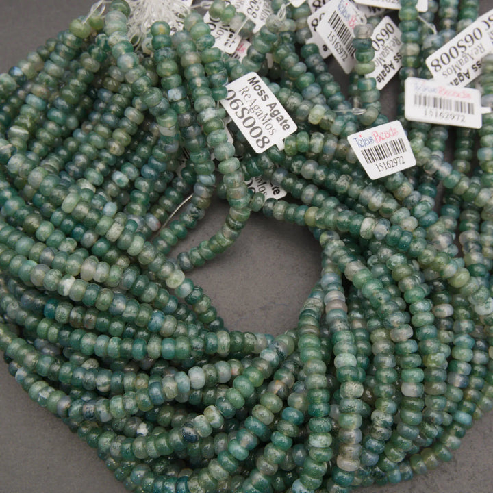 Moss agate gemstone beads, rondelle shape with mixed green and cloudy inclusions