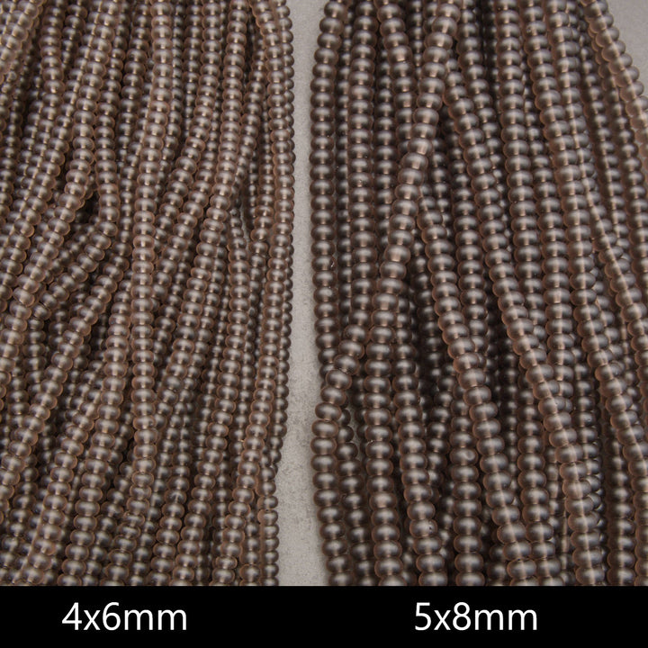 Two strands of small round beads shown side by side, labeled 4x6mm on the left and 5x8mm on the right, against a light neutral background.
