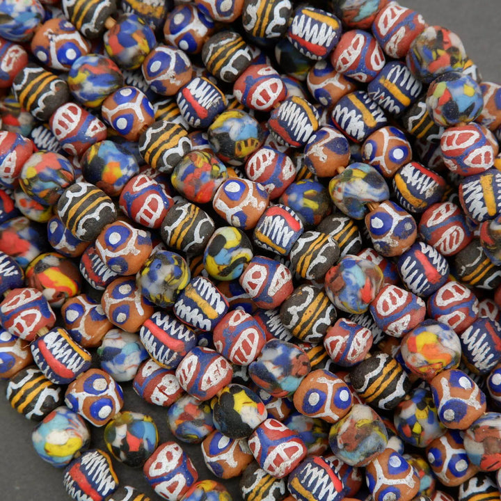 Colorful beads with various patterns on a dark background