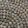 A close-up pile of round, polished labradorite beads showing a milky white to light gray base with blue and green iridescent flashes.