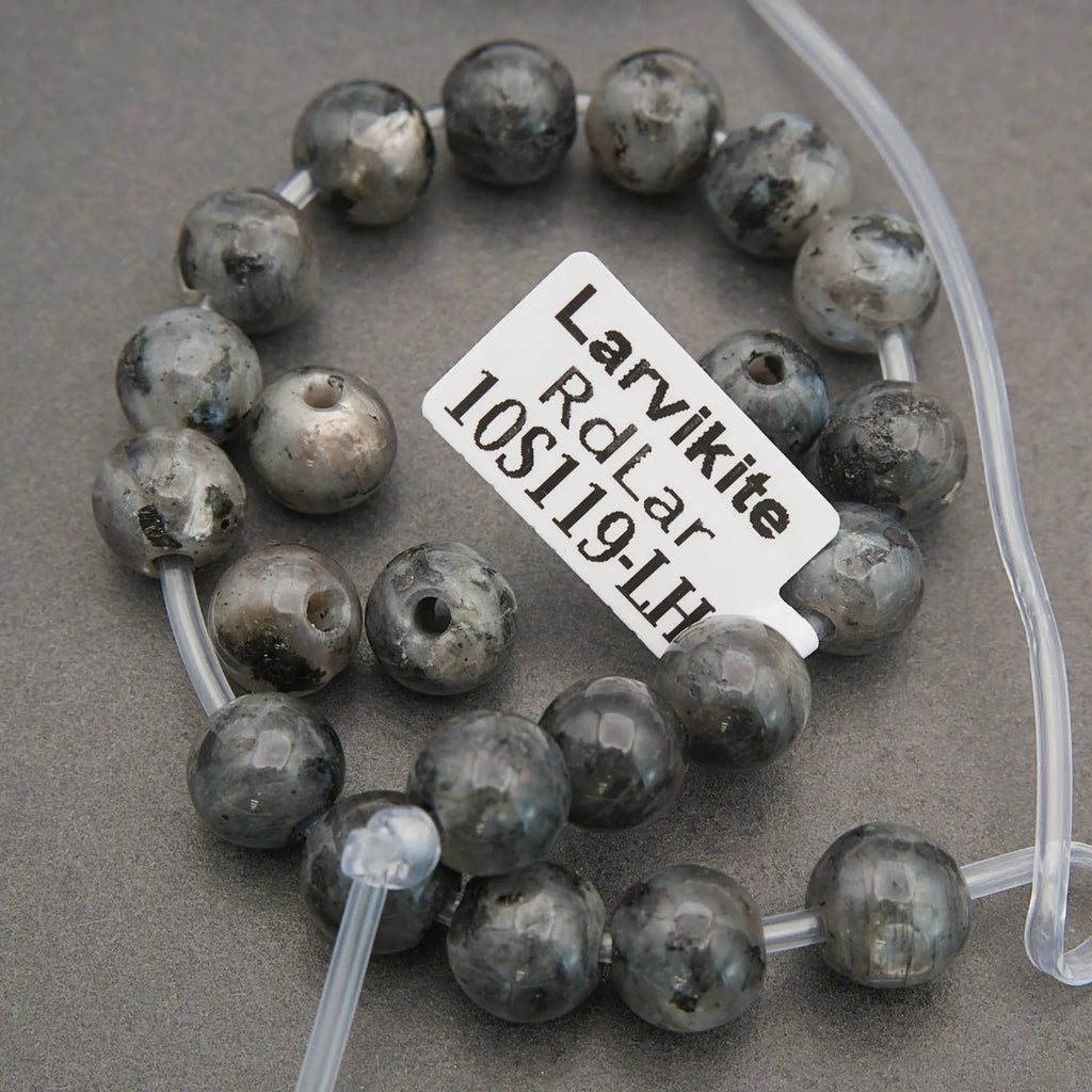 closeup of larvikite beads.
