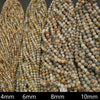 Close-up of multicolored beads with size labels at the bottom.