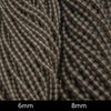 Close-up of two strands of beads labeled 6mm and 8mm.