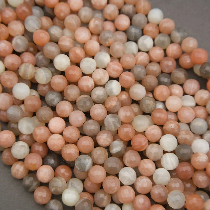 Faceted Multicolor Moonstone bead strand in peach and gray tones