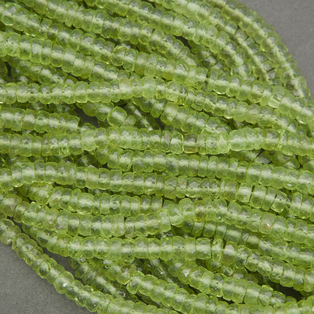 Lime green peridot beads in small faceted rondelle shape, jewelry making supply