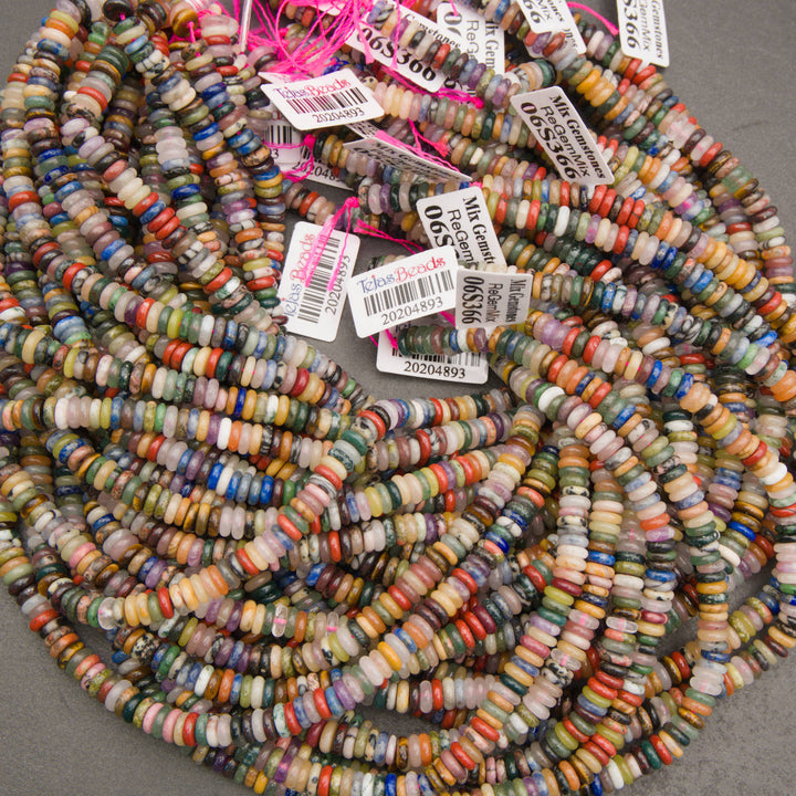Close-up of multicolor gemstone rondelle bead strands