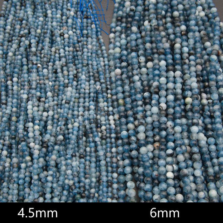 Close-up of strands of round blue beads, with a black bar at the bottom showing size labels '4.5mm' and '6mm'.