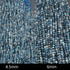 Close-up of strands of round blue beads, with a black bar at the bottom showing size labels '4.5mm' and '6mm'.
