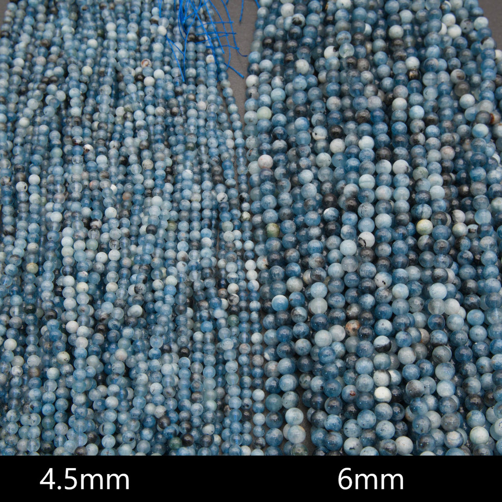 Close-up of strands of round blue beads, with a black bar at the bottom showing size labels '4.5mm' and '6mm'.