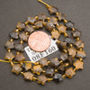 A strand of faceted tiger's eye star beads coiled around a penny for scale