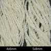 Close-up of two strands of white beads with size labels '4x6mm' and '5x8mm'.