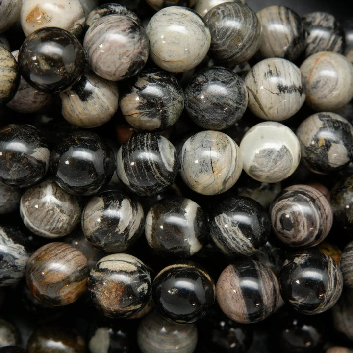 Black silver leaf jasper smooth polished round beads.